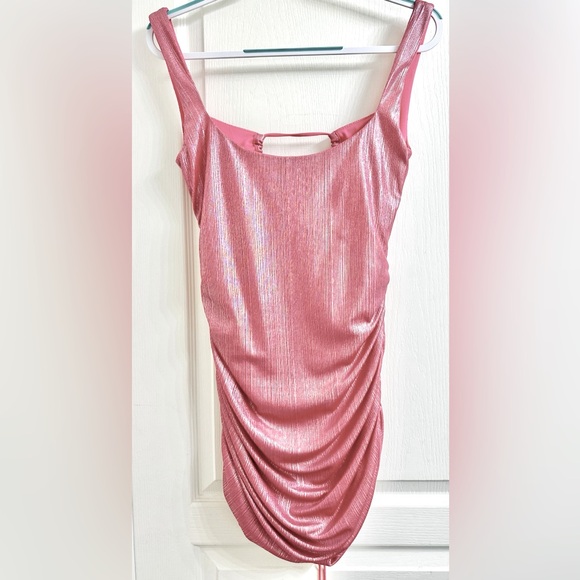 LUCY IN THE SKY Front Tie Ruched Mini Dress in Pink Shimmer - Picture 6 of 13